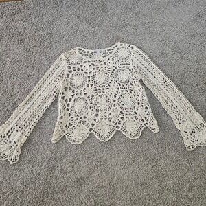 American Flirt Ivory Crochet Long Sleeve Top Floral Scalloped Boho Women Medium